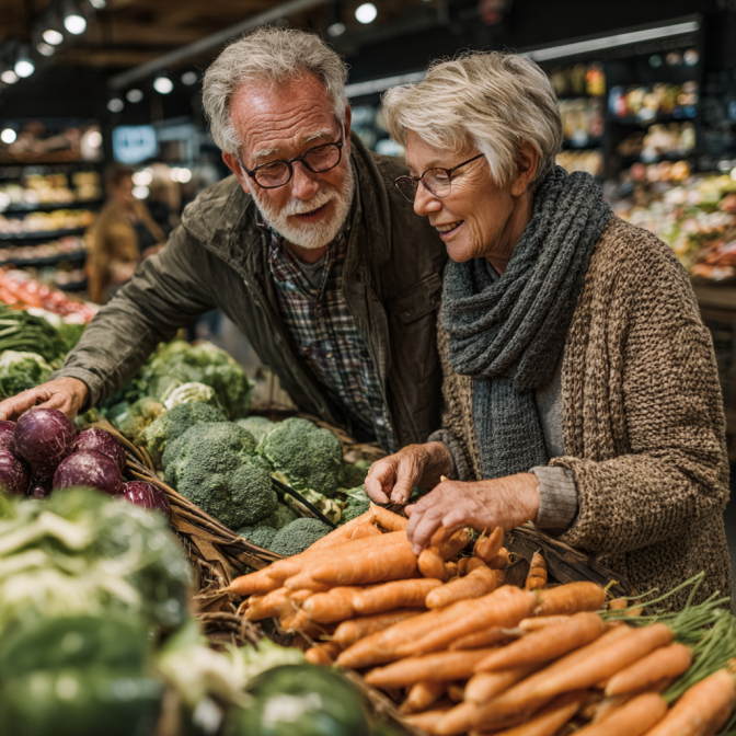 Літня пара готує здорову їжу